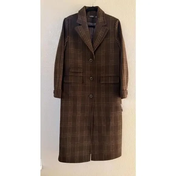 New Lauren Ralph Lauren Longline Plaid Wool Blend Reefer Coat Brown Plaid Sz 12 - Picture 4 of 11
